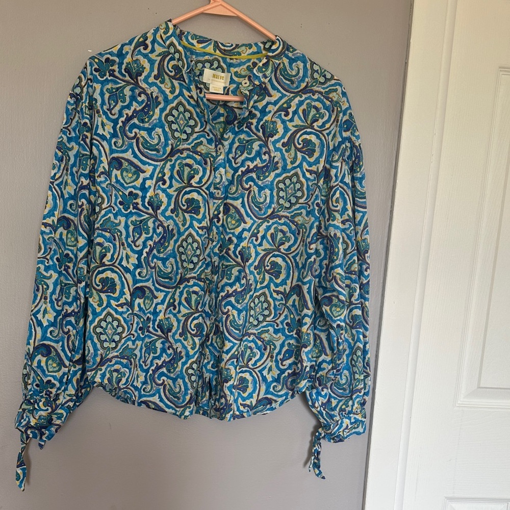 Anthropologie Blue and Green Patterned Blouse